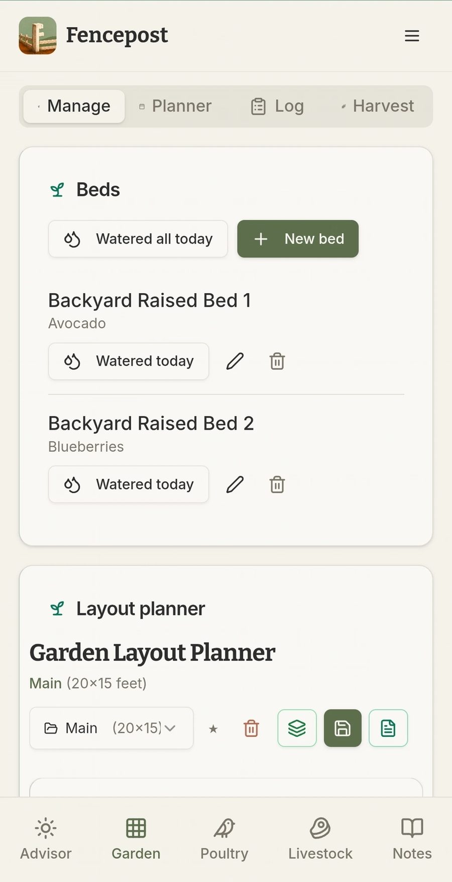 Fencepost Garden — Manage tab showing raised beds for avocado and blueberries, plus the layout planner