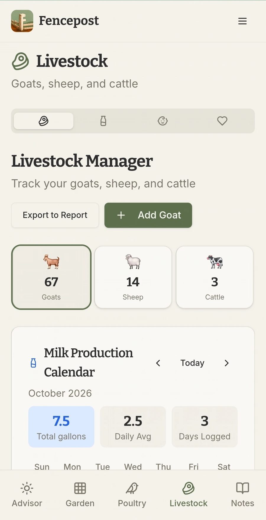 Fencepost Livestock — Manage tab with 67 goats, 14 sheep, 3 cattle, and the milk production calendar