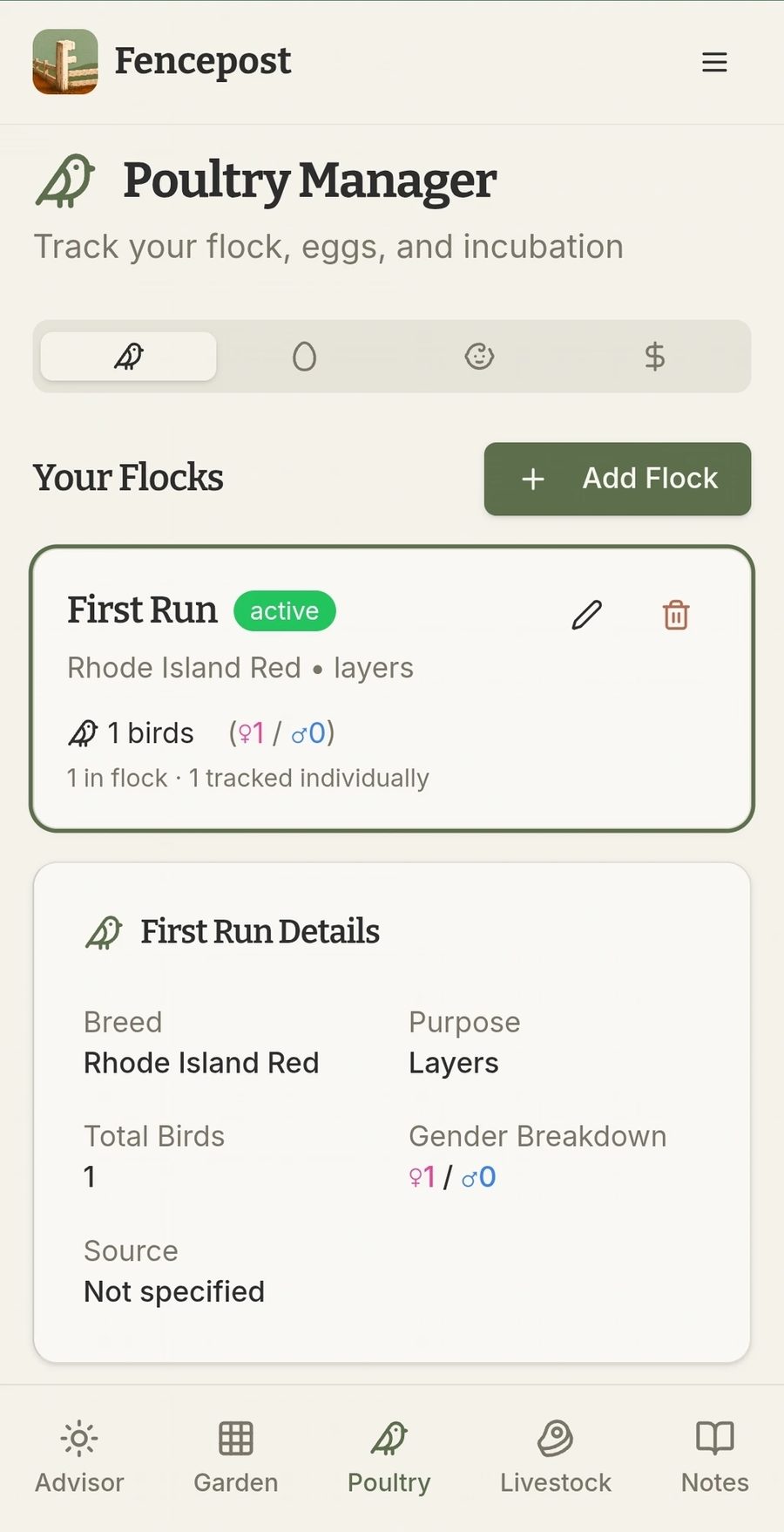 Fencepost Poultry — Manage tab showing the First Run flock of Rhode Island Red layers