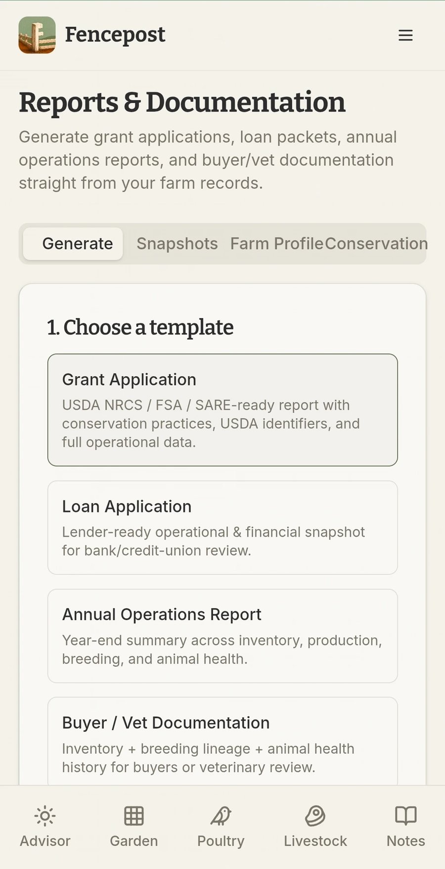 Fencepost Reports — Generate tab with Grant Application, Loan, and Annual Operations templates